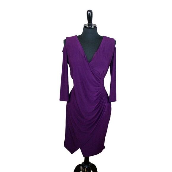 Badgley Mischka Studio Purple Faux Wrap Dress Asymmetrical V Neck S - Picture 3 of 7